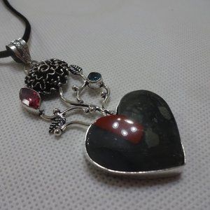Artistic "FANCY JASPER & PINK/BLUE TOPAZ" FLORAL HEART HANDMADE Necklace 694A
